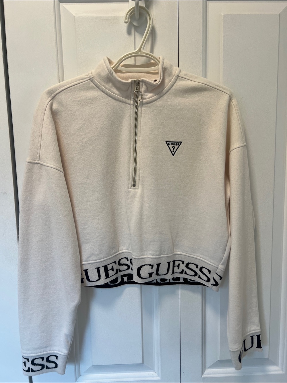 GUESS Cream Half-Zip Cropped Turtleneck Sweater with Logo Trim, Matching Joggers
